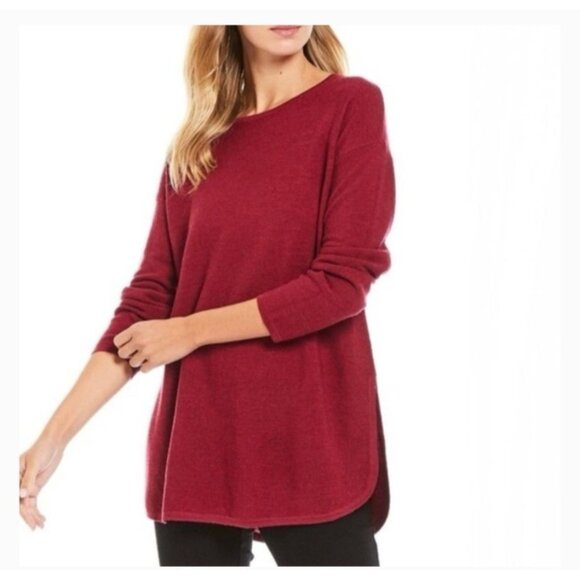 Eileen Fisher Extra Fine Merino Wool Italian Cranberry Sweater Tunic Sz PL - Picture 1 of 11